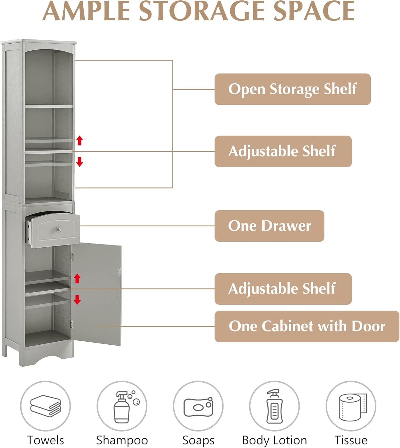 Tall Slim Bathroom Storage Cabinet with 3-Tier Shelf and Drawer, Grey M889