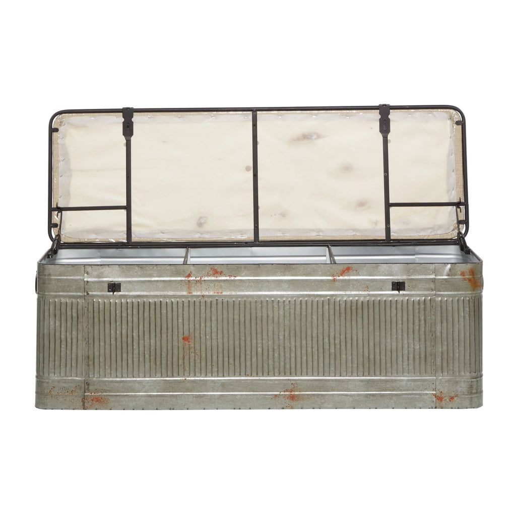 DecMode Metal Galvanized Storage Bench with Cream Burlap Top K1740