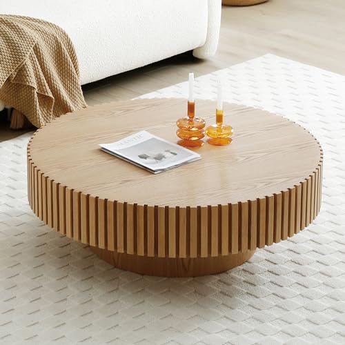 Walnut Wood Round Drum Coffee Table with Vertical Texture Z1778