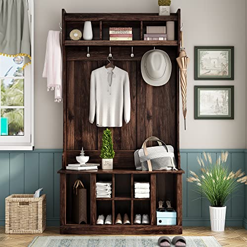 Hall Tree with Storage Bench, 6 Hooks, Entryway Coat Rack (Tiger) H6698