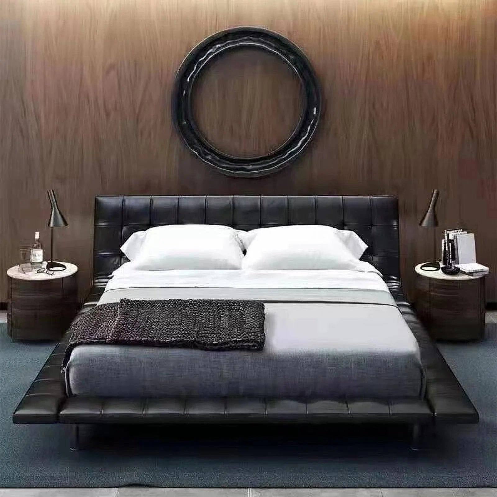 Nordic CAMA Modern King Size Bed Frame Black Leather Wooden H746