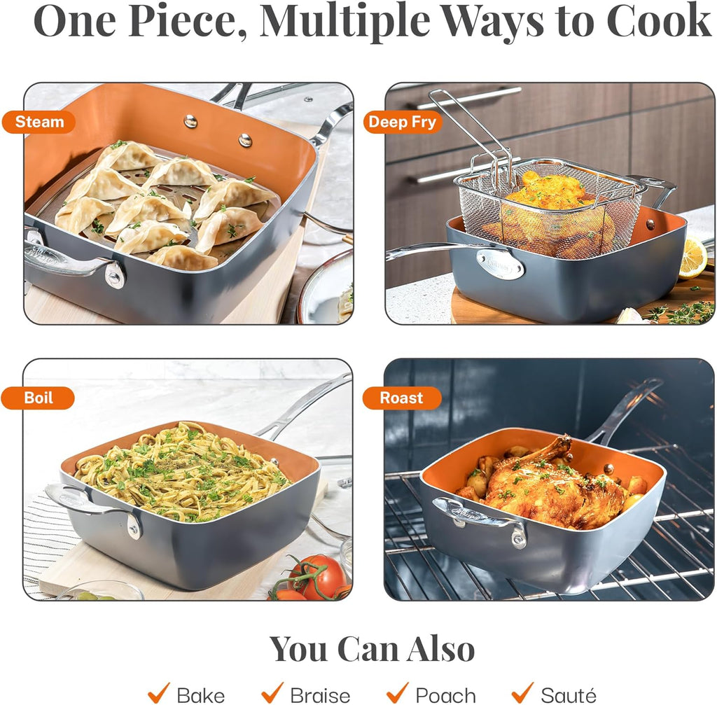 Gotham Steel Nonstick Square Deep Frying Pan 9.5" with Lid, Basket & Steamer Tray G5966