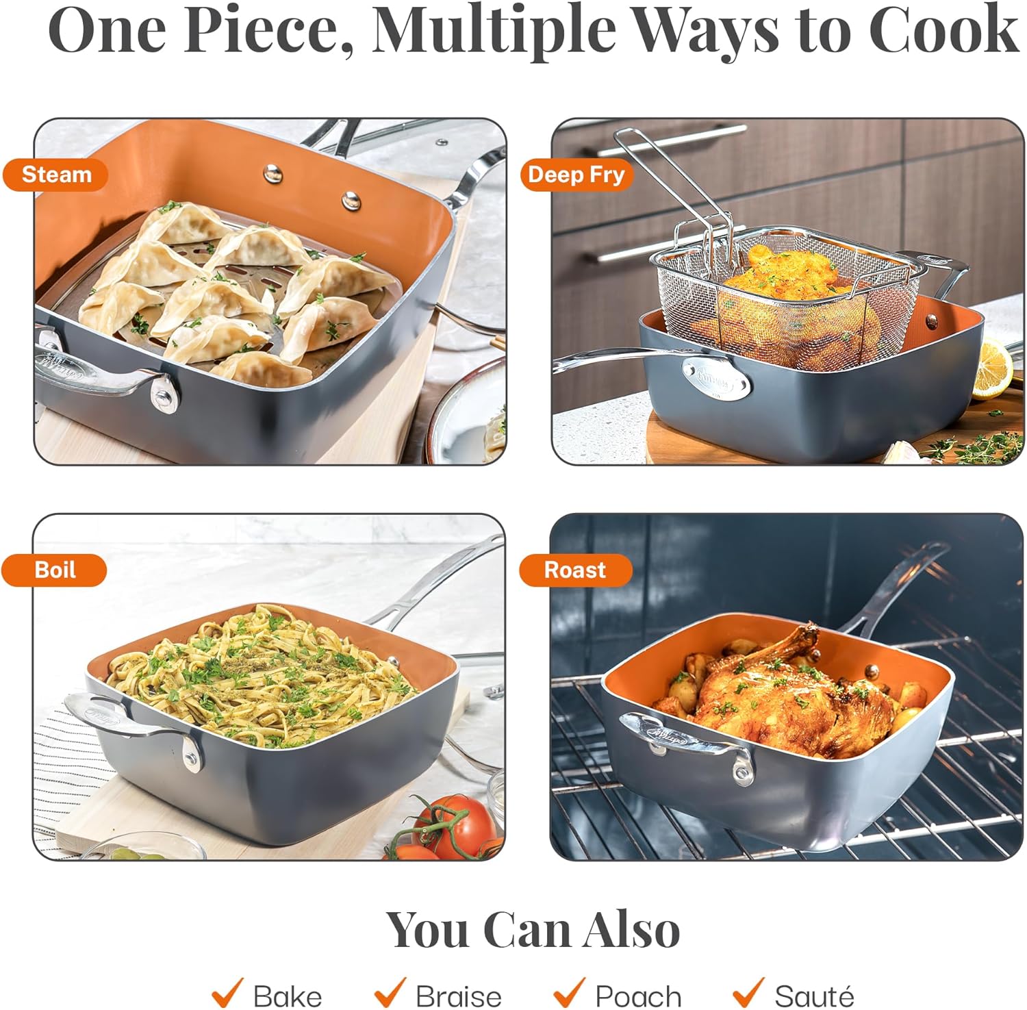 Gotham Steel Nonstick Square Deep Frying Pan 9.5" with Lid, Basket & Steamer Tray G5966