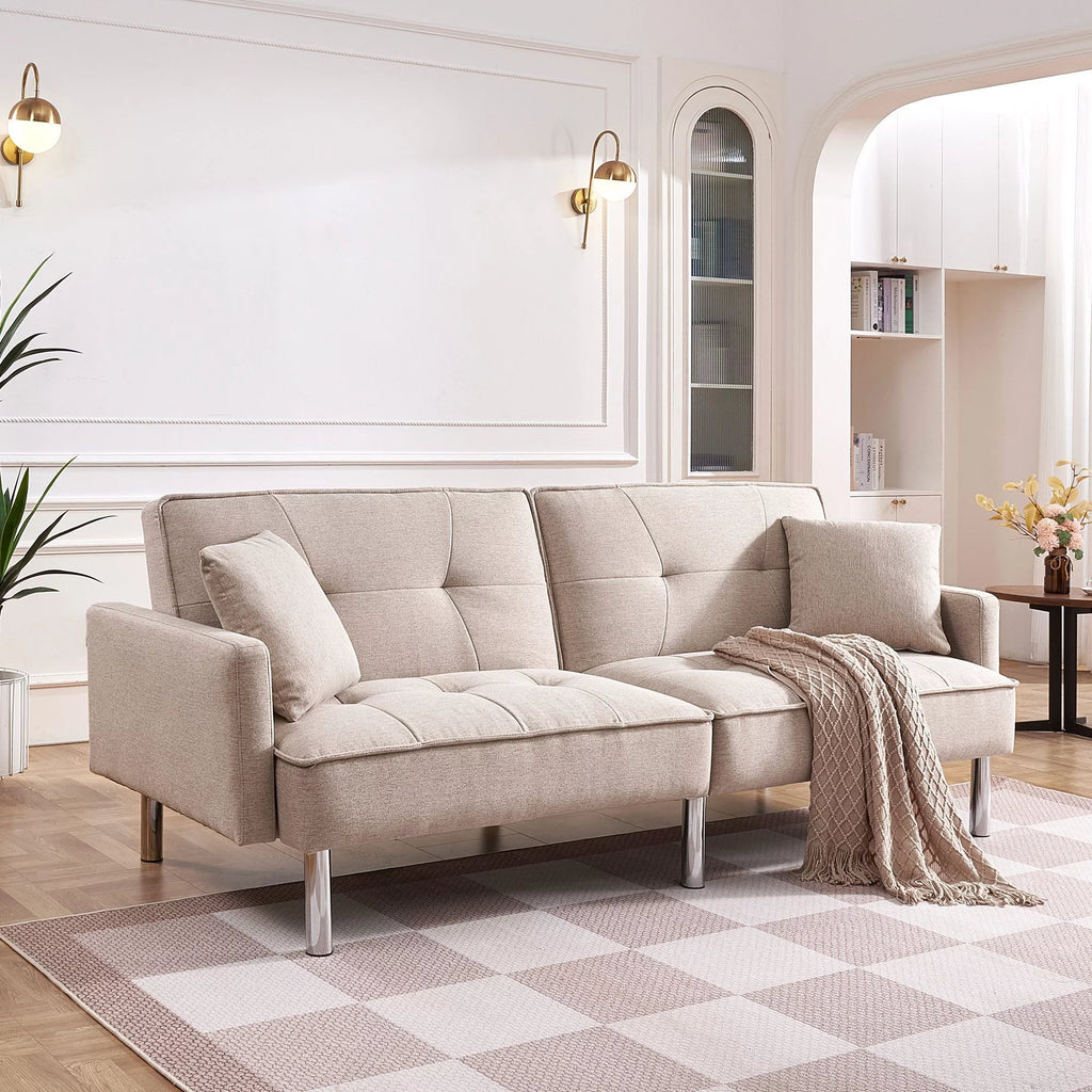 Moootto 84.6 in. Extra Long Tufted Beige Fabric Futon Sofa Bed P625