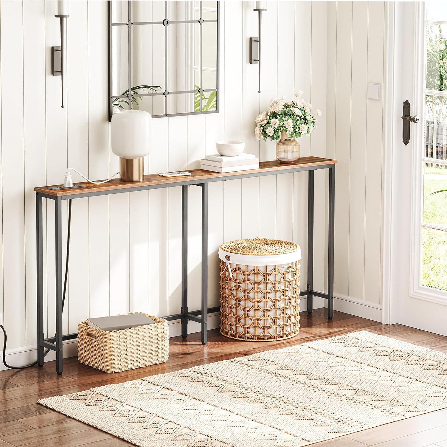 HOOBRO Narrow Console Table with 2 Fabric Drawers and Charging Station, Rustic Brown and Black H1095