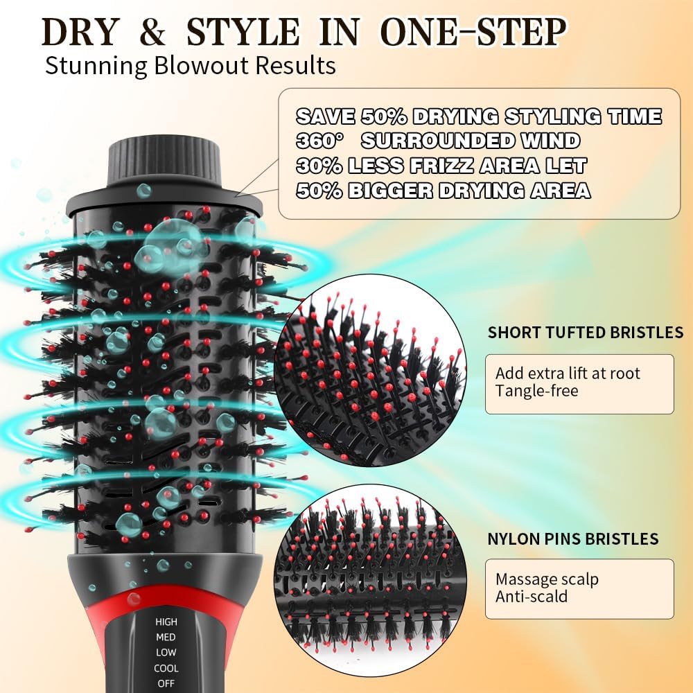 Hair Dryer Brush 4-in-1 Hot Air Styler with Negative Ion Ceramic Titanium Barrel S6572