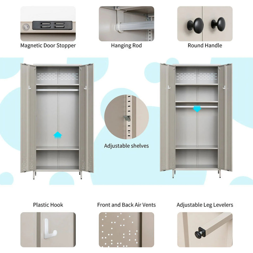 CJF Metal Storage Wardrobe Cabinet with Adjustable Hanging Rod, Gray A13905