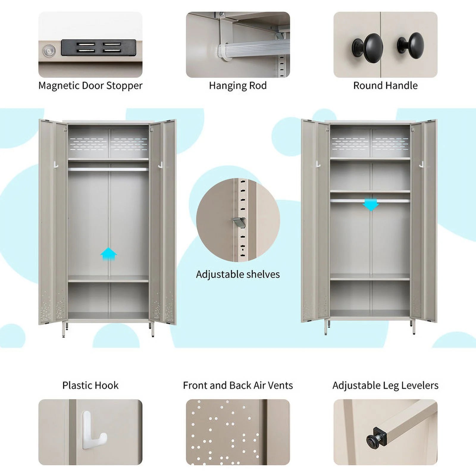 CJF Metal Storage Wardrobe Cabinet with Adjustable Hanging Rod, Gray A13905