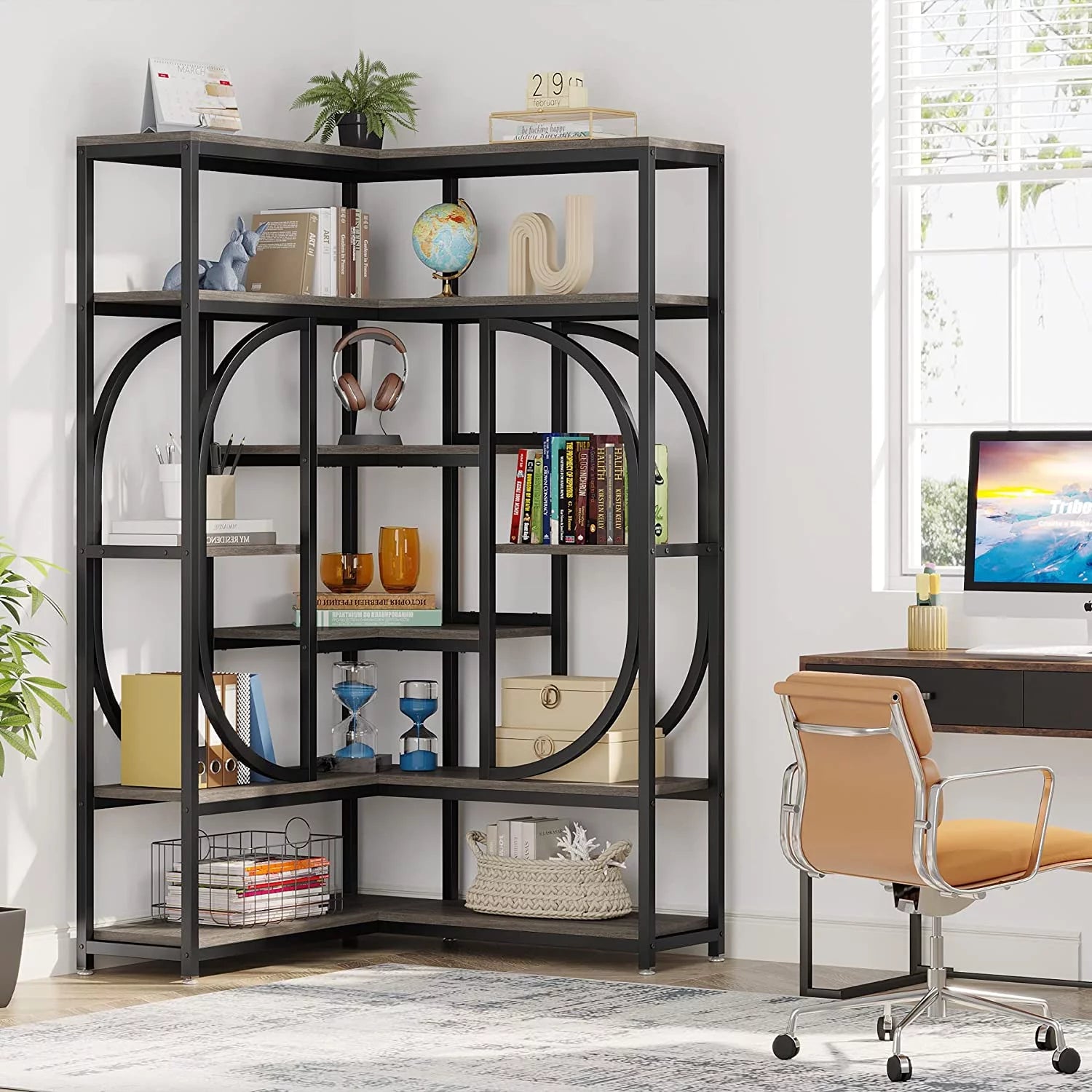 Tribesigns 7-Shelf Corner Bookshelf, L-Shaped Modern Bookcase with Storage Y42421