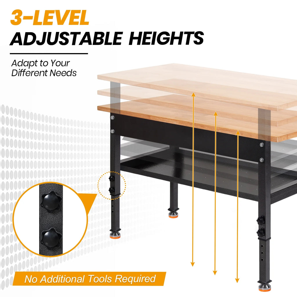 Polar Aurora 48" Adjustable Heavy-Duty Workbench with Rubber Wood Top D7005