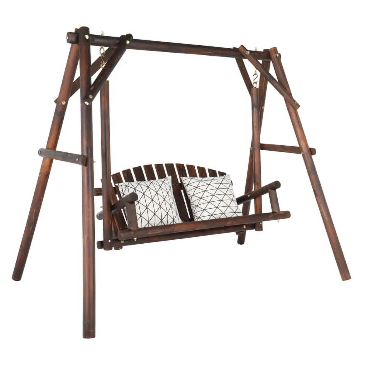 6.5ft Hardwood Patio Swing with Stand, Carbonized Loveseat for 2 G698