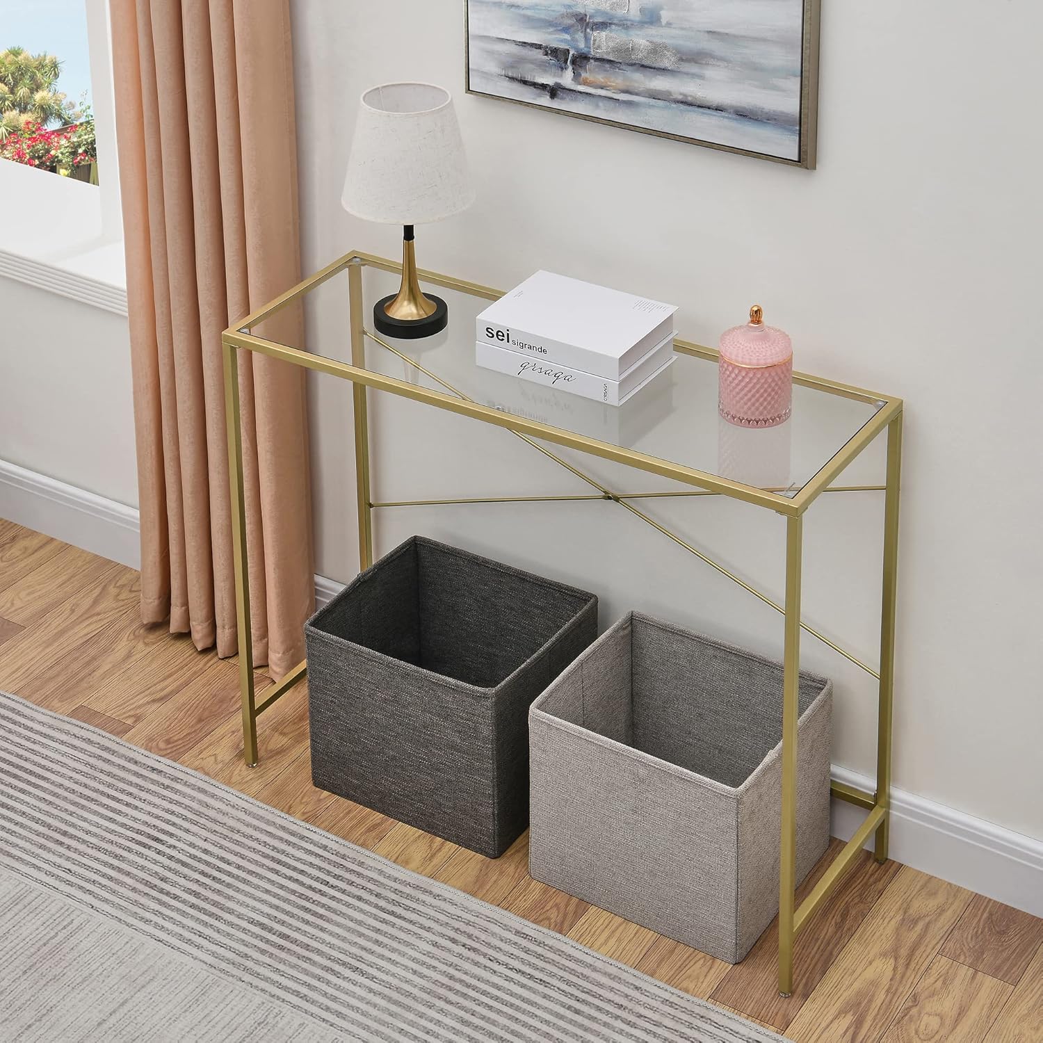 Golden Console Table 39.37" with Tempered Glass Top, Metal Frame, Gold F17720