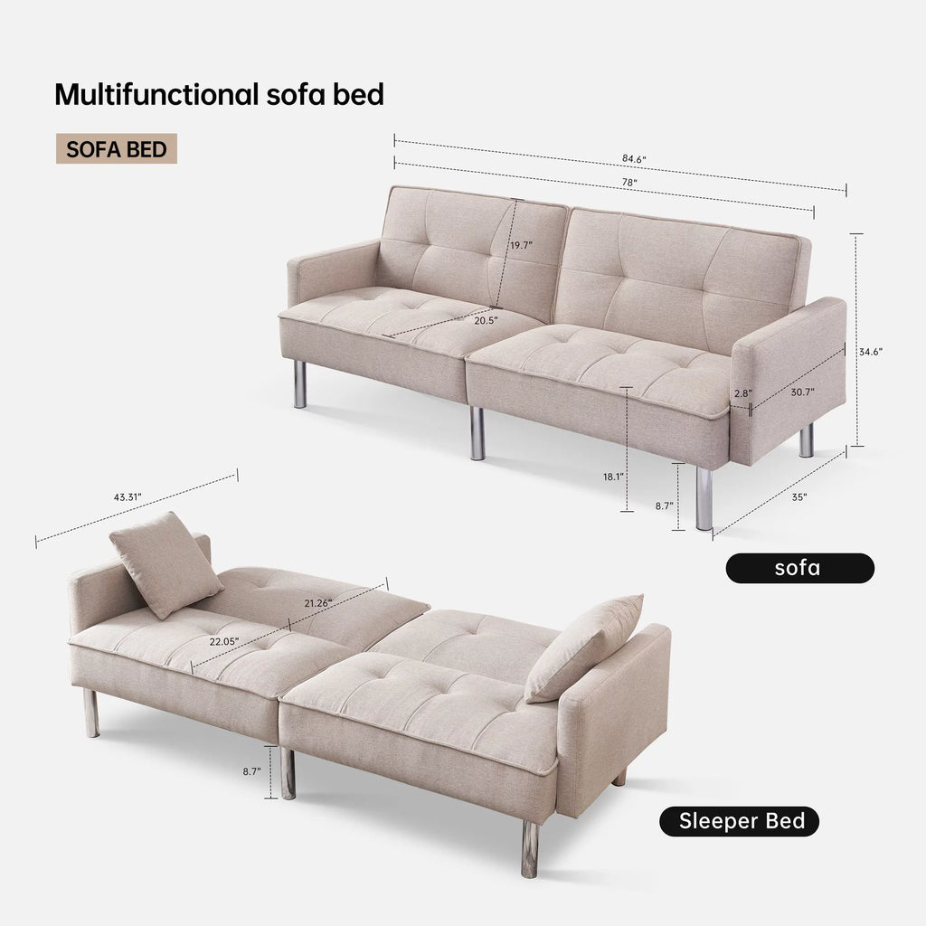 Moootto 84.6 in. Extra Long Tufted Beige Fabric Futon Sofa Bed P625