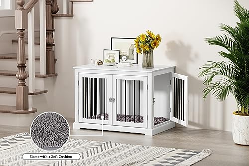 Dog Crate Furniture End Table with Cushion for Large Dogs, White Q48599