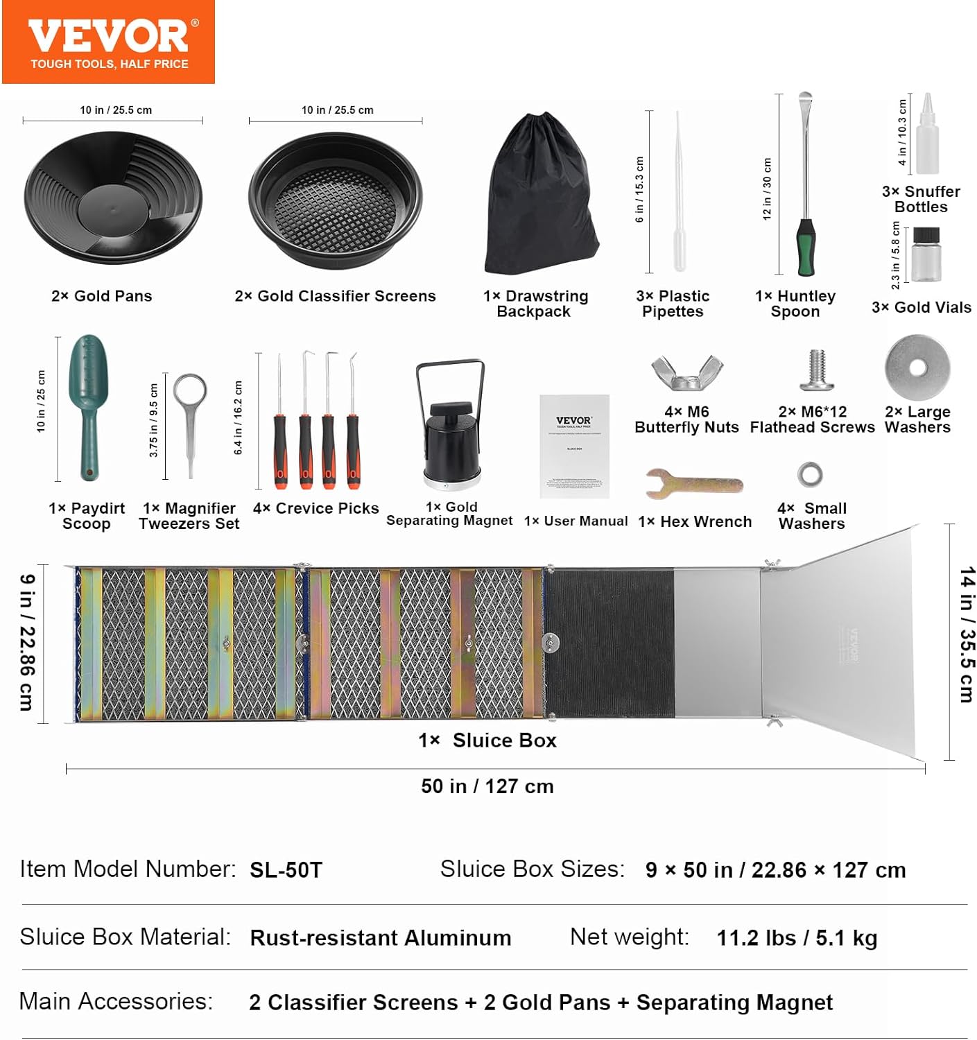 VEVOR Complete Sluice Box Gold Panning Kit, 50" Folding Aluminum Alloy, 23 PCS Prospecting Equipment C595335