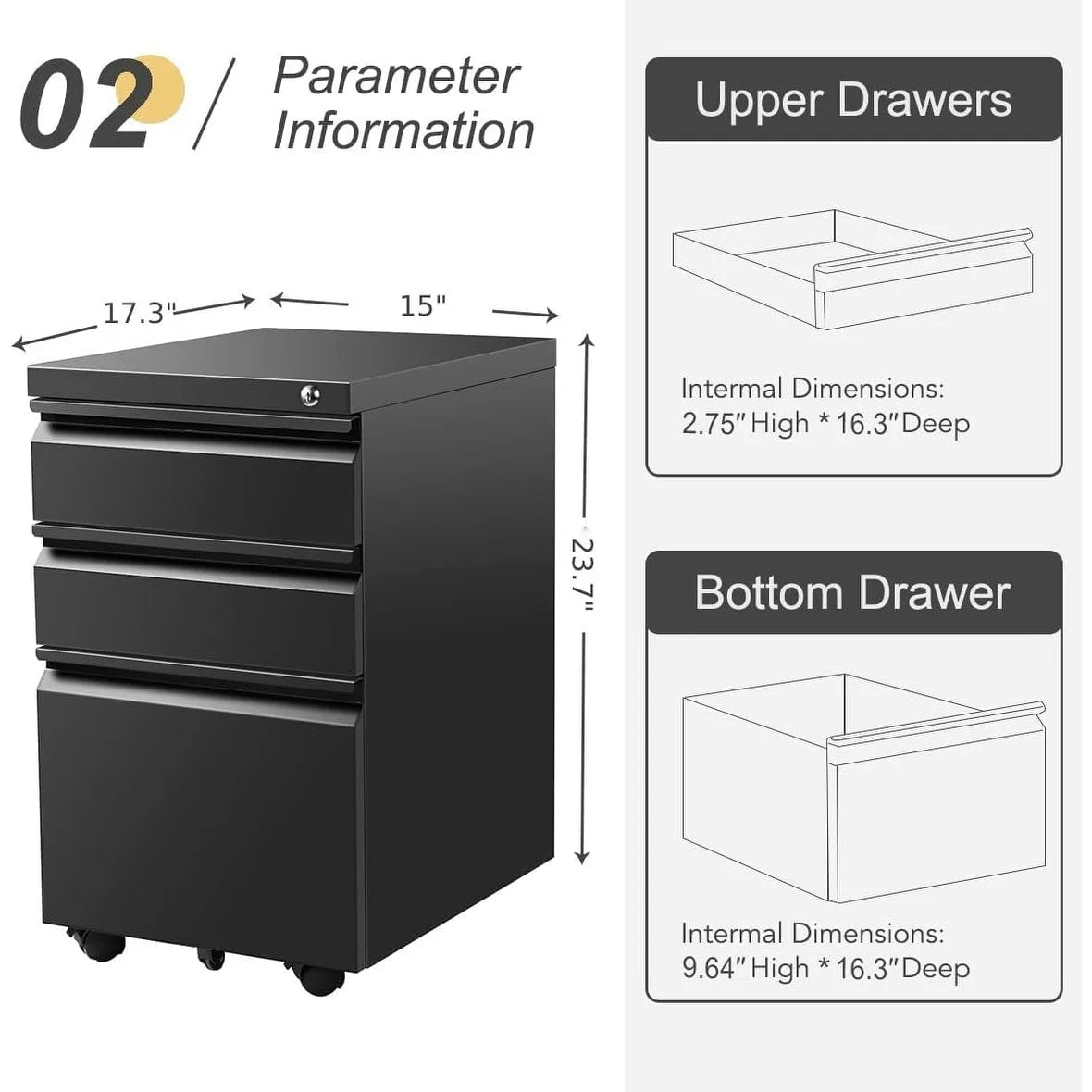 3 Drawer Metal File Cabinet with Lock Black F268