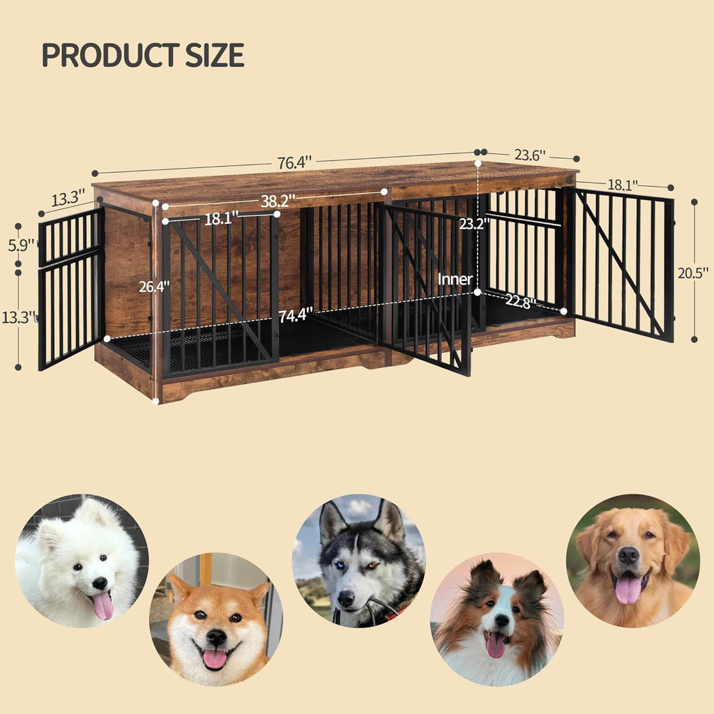 76.4" Wood Dog Crate Furniture with Divider for 2 Dogs, Brown K452