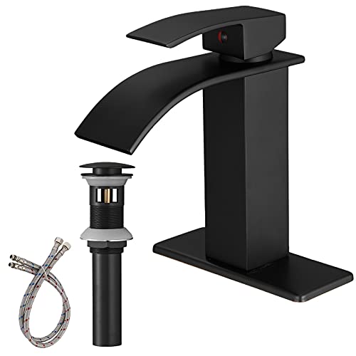 BWE Bathroom Faucet Modern Oil Rubbed Bronze Waterfall Single Hole Faucet for Bathroom Sink Single Handle with Pop Up Drain with Overflow Assembly and Supply Line Lavatory Bath Faucet Lead-Free