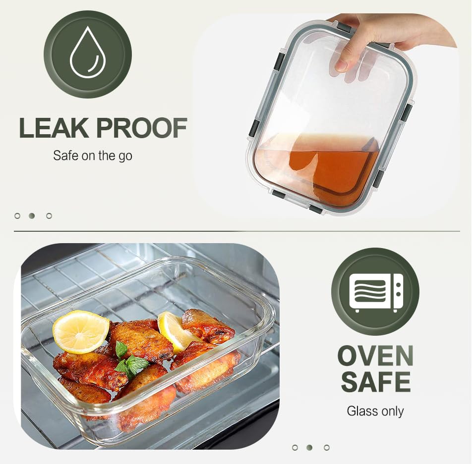 KOMUEE 30 oz Glass Meal Prep Containers with Lids, Gray M4526