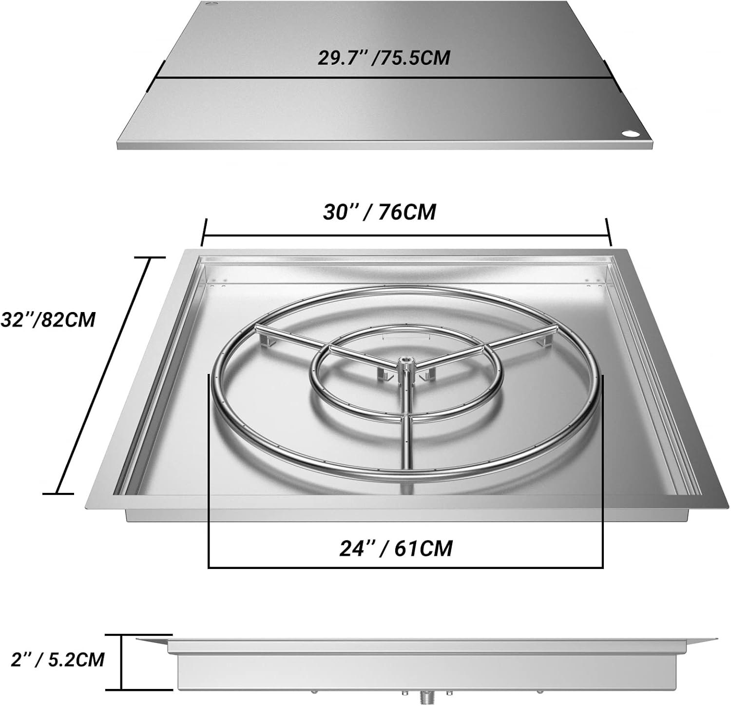 Skyflame 30" x 30" Square Drop-in Firepit System with Stainless Steel Burner Pan and Cover Z668