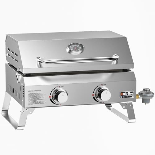 Onlyfire Flat Top Gas Griddle, 2-Burner Tabletop Propane Gas Grill Griddle, Portable Griddle for Outdoor Cooking Kitchen, Tabletop Griddle for BBQ Grill Camping Tailgating RV, Stainless Steel
