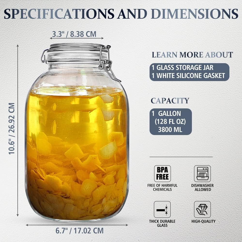 Folinstall 1 Gallon Glass Jar with Airtight Lid, Extra Gasket V1173