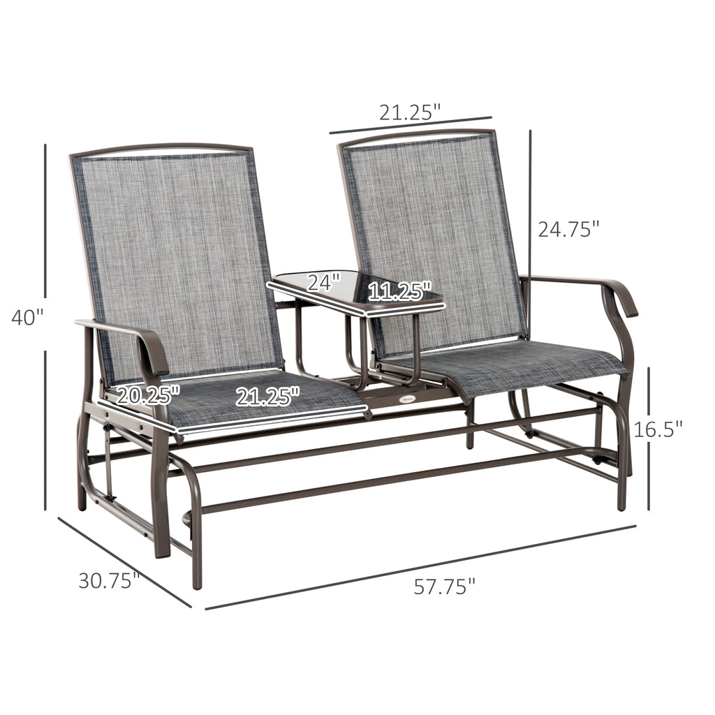 Outsunny Outdoor Glider Bench with Center Table, Metal Frame Patio Loveseat, Gray W632