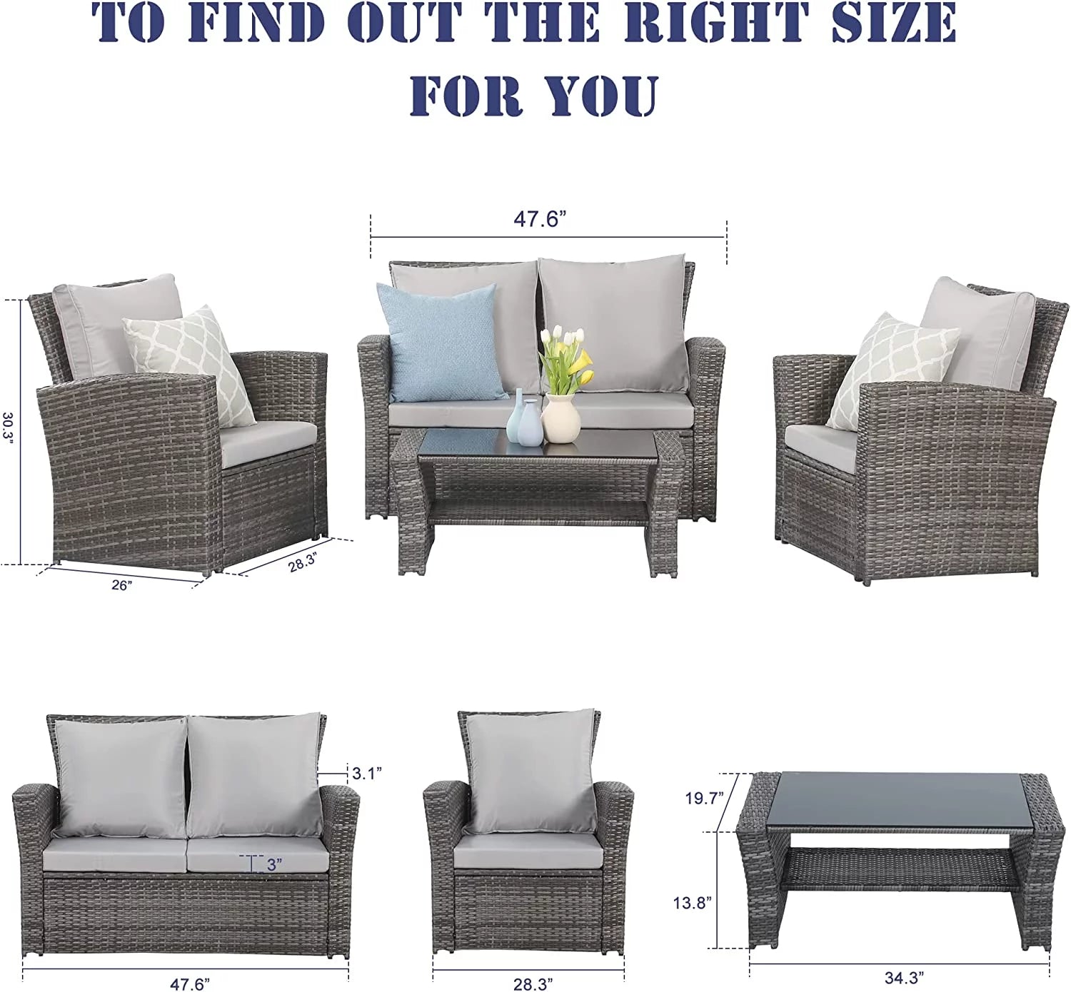 Lane 4 Piece Outdoor Patio Wicker Conversation Set with Cushions, Gray O142