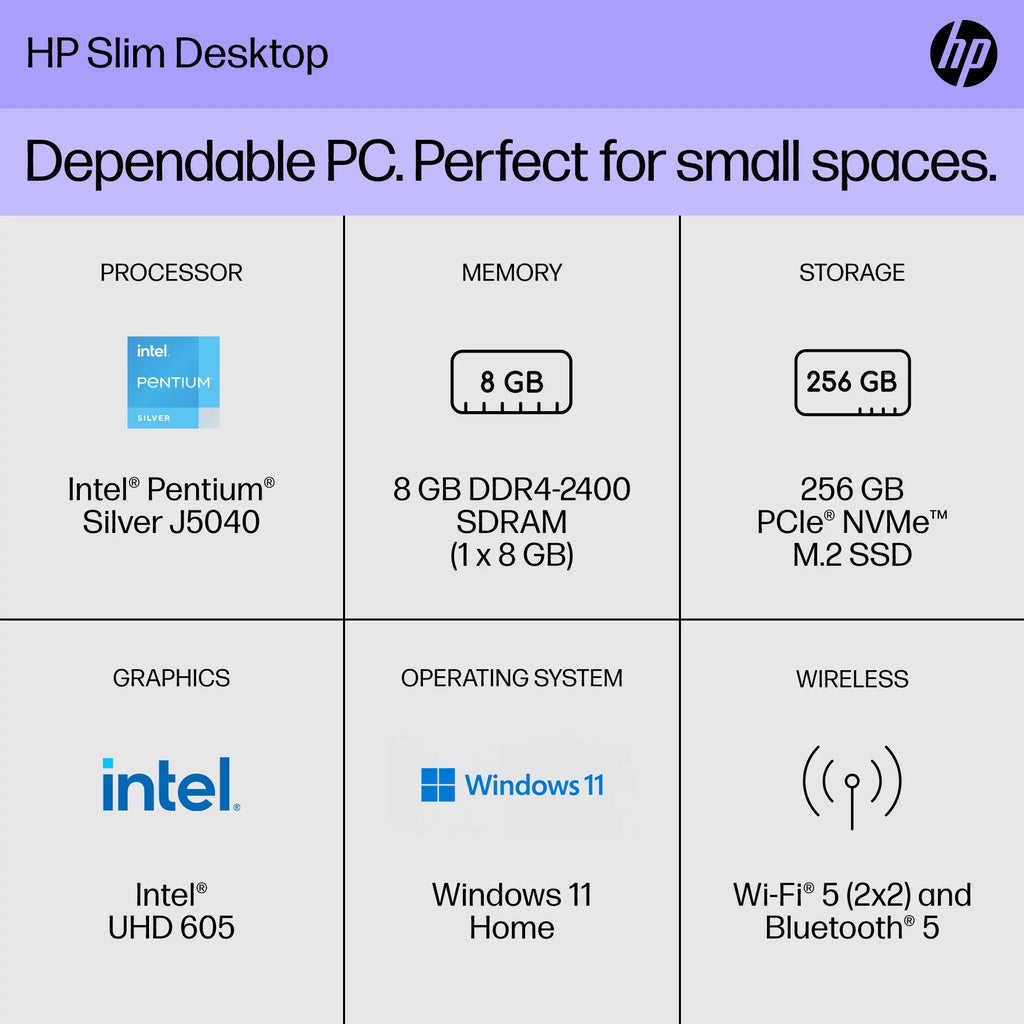 HP Slim Desktop Tower, Intel Pentium, 8GB RAM, 256GB SSD, Windows 11 Home, Black L736