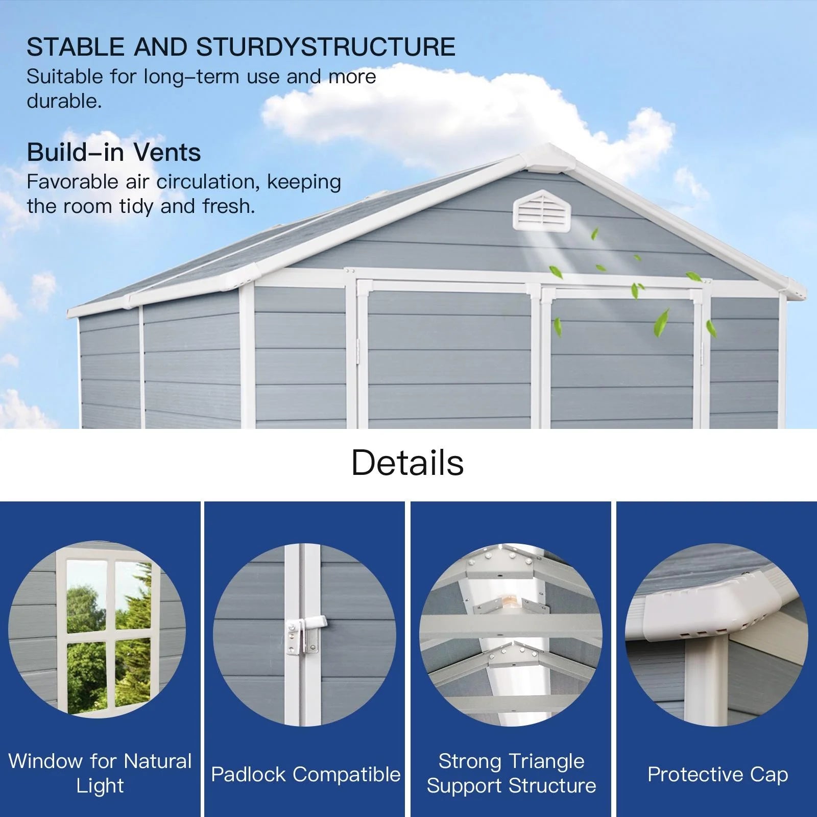 Outdoor Resin Storage Shed 8x6 ft with Lockable Door, Gray X86795