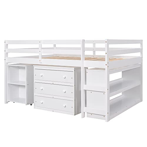 Low Study Loft Bed with Desk and Bookshelf, Pinewood Frame, White R677