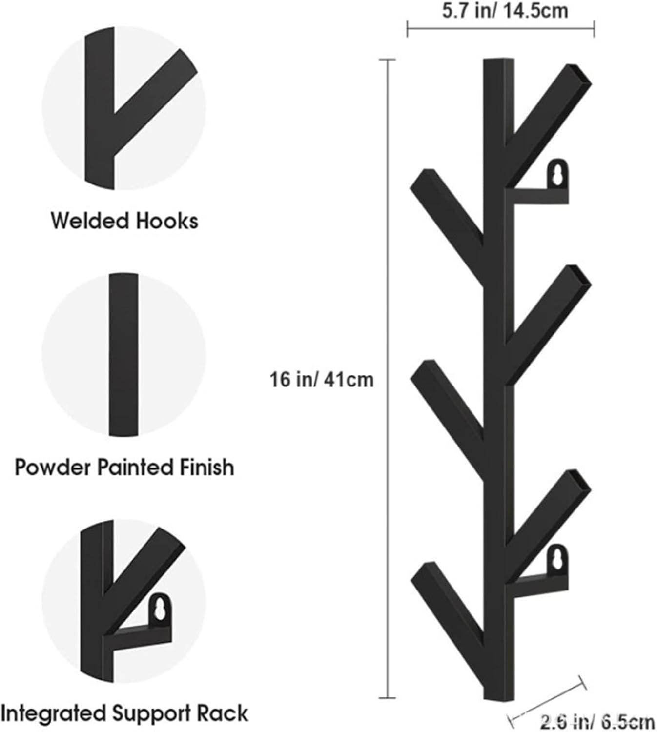 2 Pack Wall Mount Coat Rack, Matte Black, Metal Hat & Clothes Hanger U4293