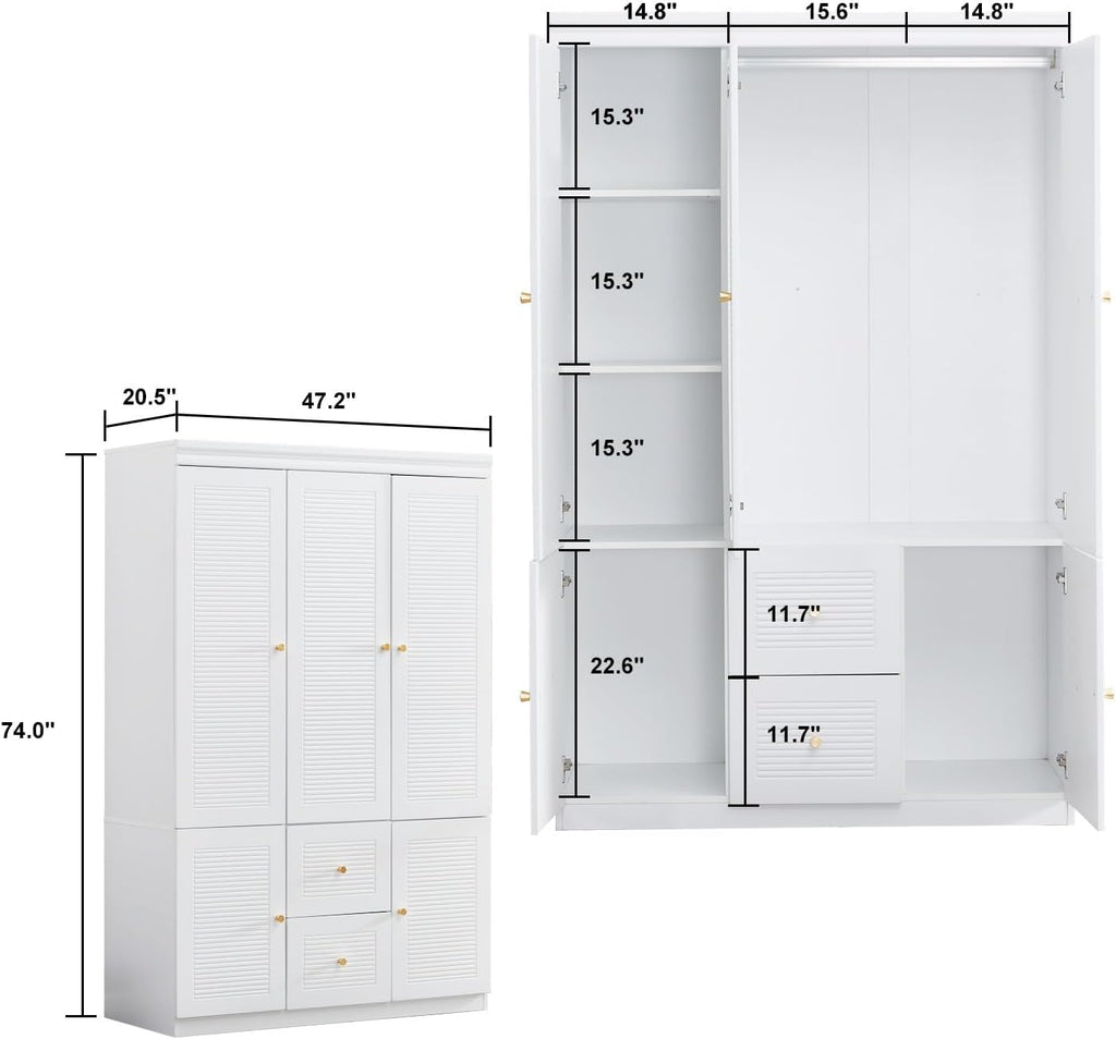 3 Door Armoire Wardrobe Closet with 2 Drawers, White Wooden Cabinet T413596