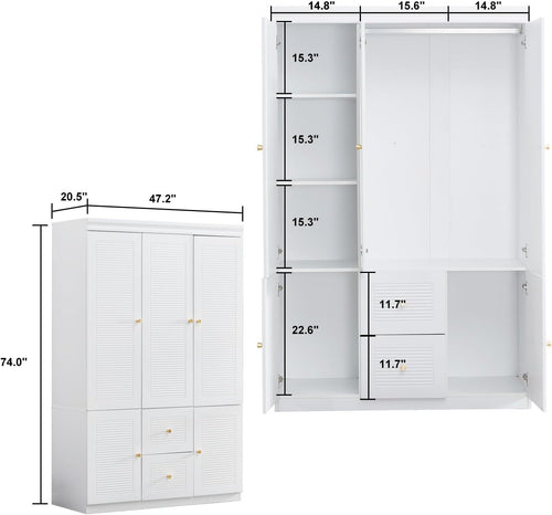 3 Door Armoire Wardrobe Closet with 2 Drawers, White Wooden Cabinet T413596