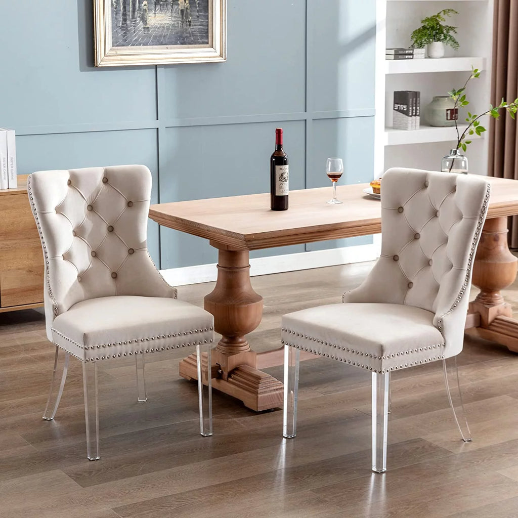 Velvet Dining Chairs Set of 2, Upholstered High-end Tufted Dining Room Chair with Nailhead Back Ring Pull Trim Solid Acrylic Legs,  Nikki Collection Modern Style for Kitchen, Beige
