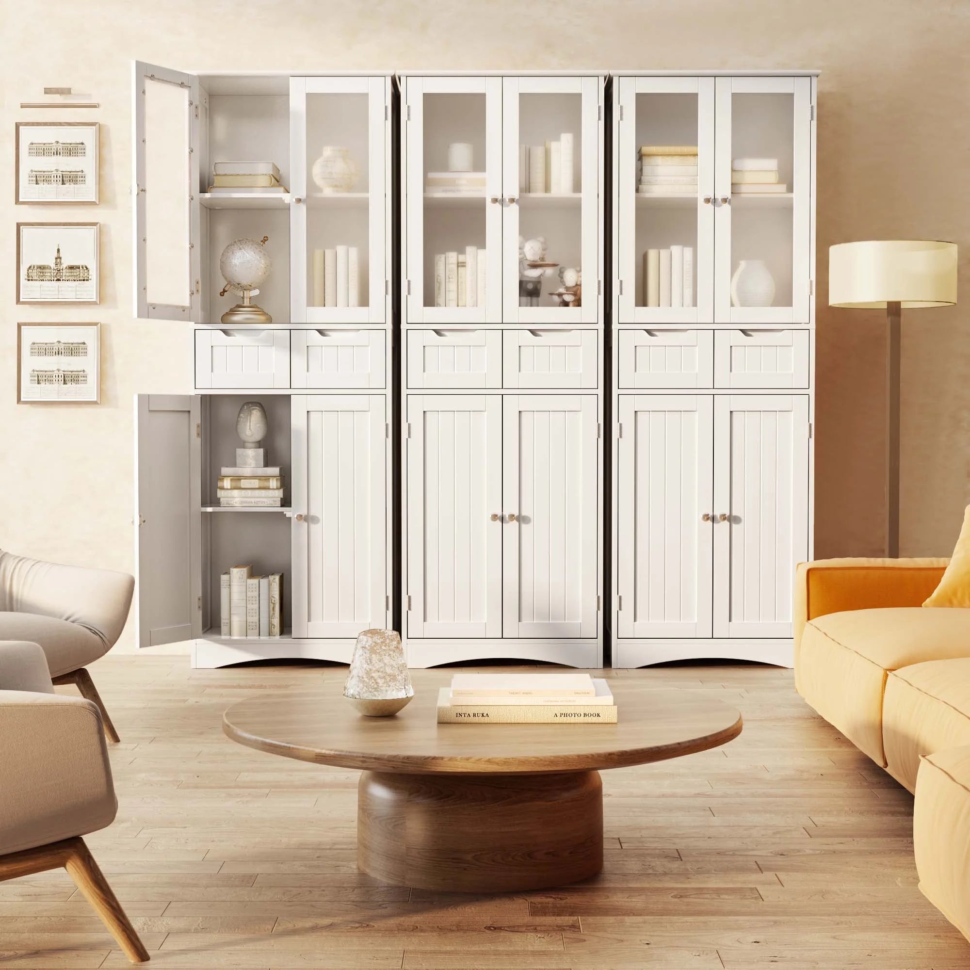 Lofka Tall Storage Cabinet with Glass Doors and 2 Drawers, Dark Brown F93607