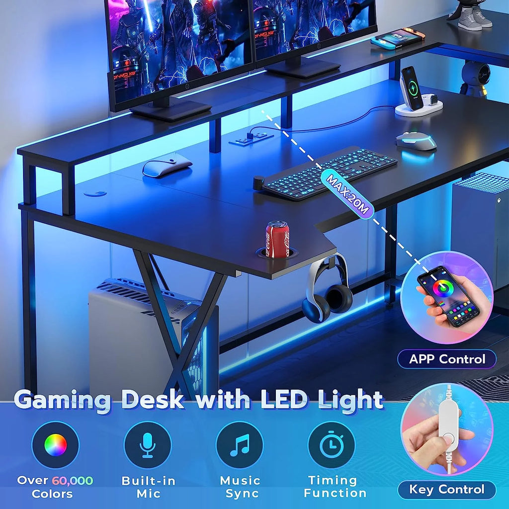 70.8'' Computer Desk with LED Lights and Storage Shelves, Black J414040