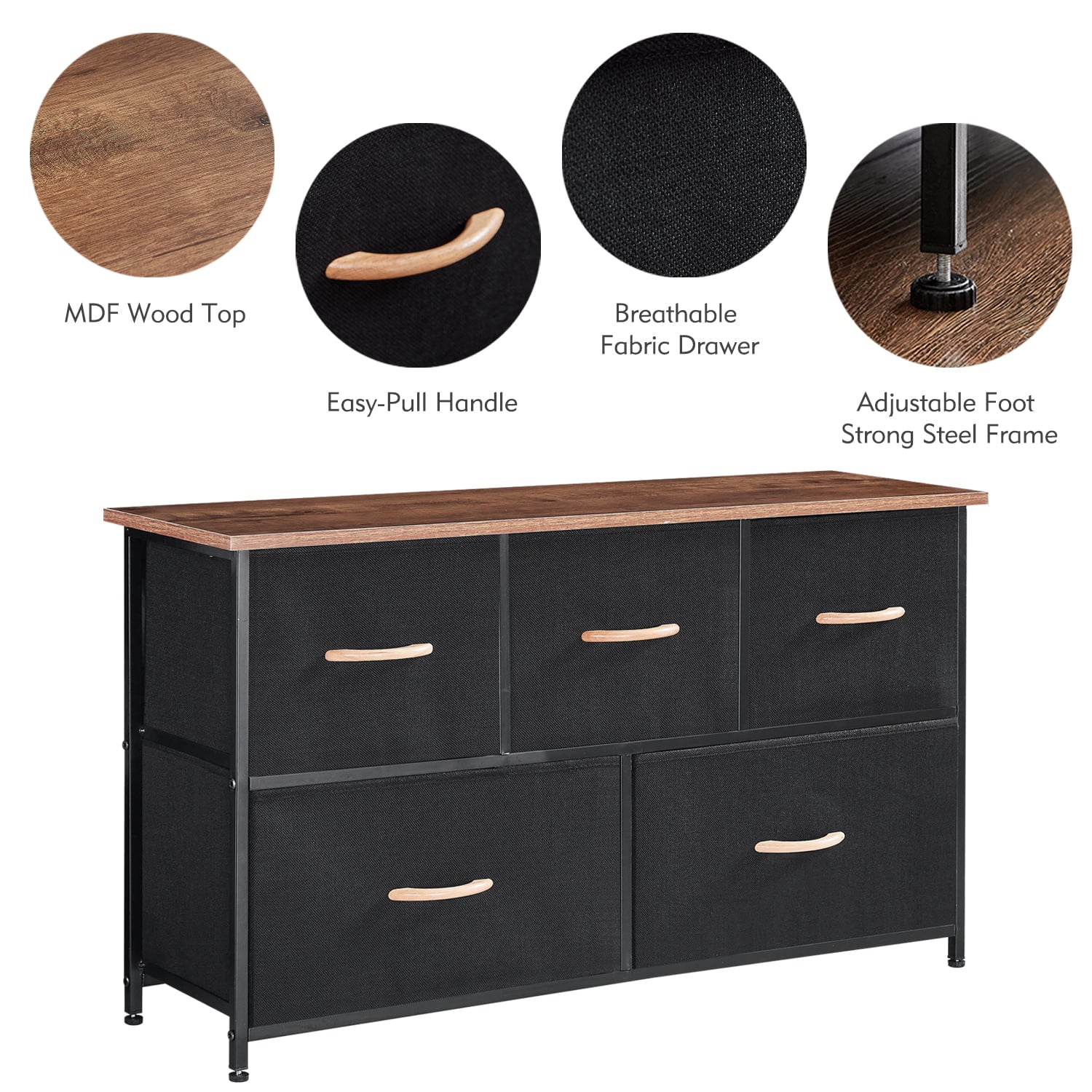 5 Drawer Dresser Storage Tower with Steel Frame Wood Top X639671