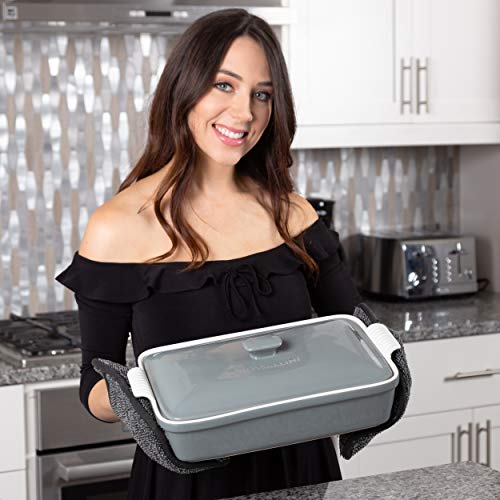 Stoneware Casserole Dish with Lid, 3.2 Quart, 11 by 9 Inch, Grey Q768348