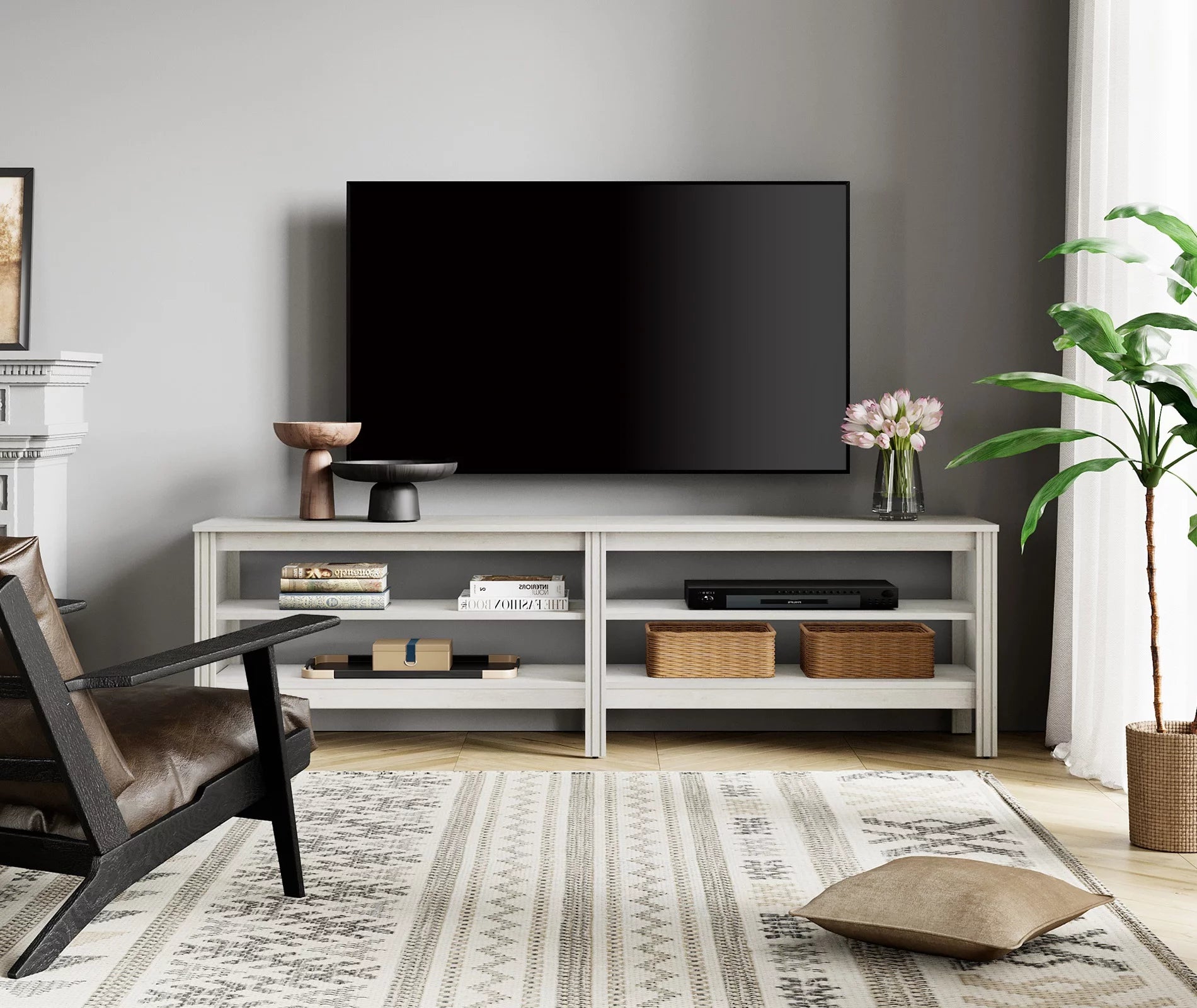 White TV Stand for 75 Inch TV, Farmhouse Wood TV Cabinet with 4 Cubby for Living Room Bedroom,70 inch