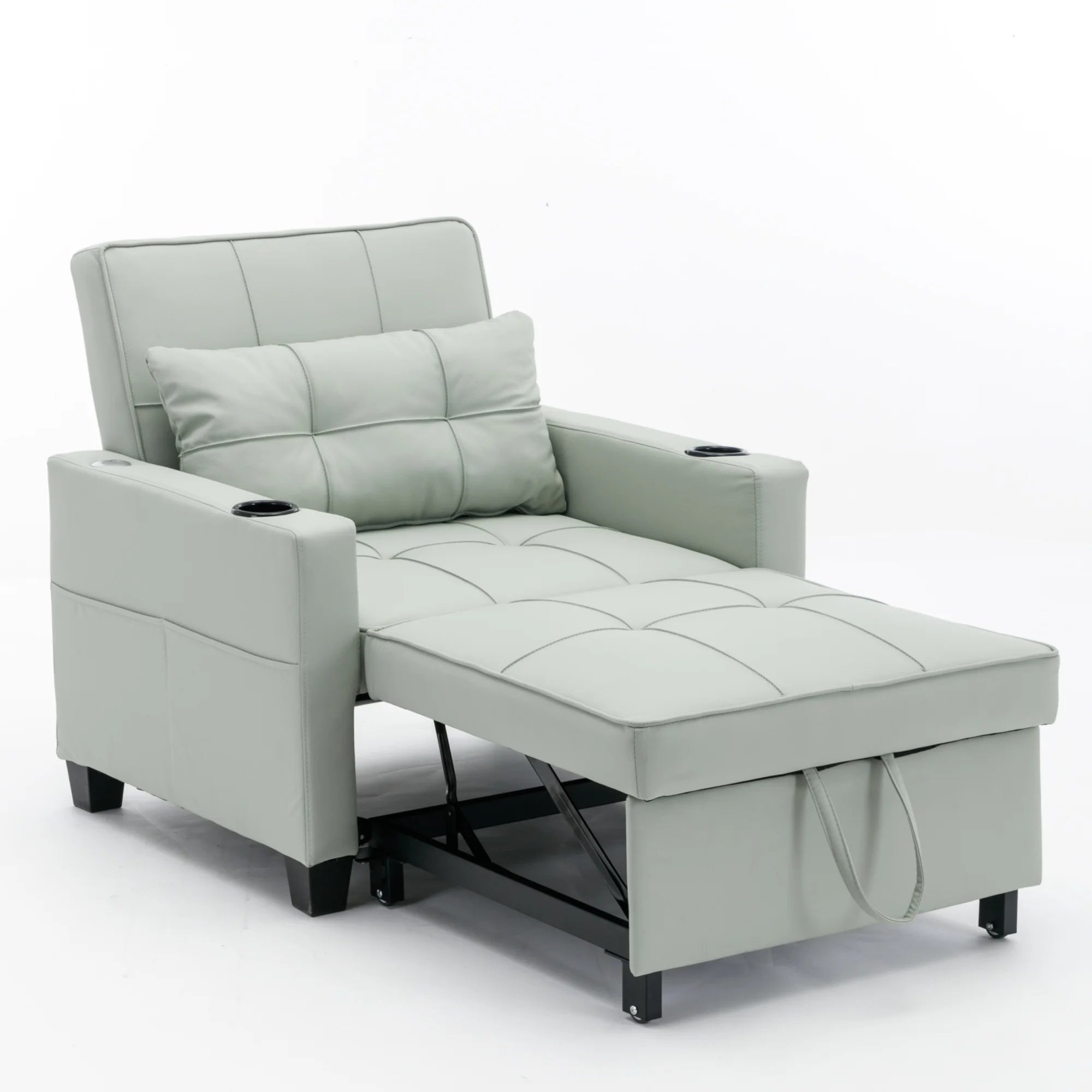Futon Chair Bed Convertible Chair 3-in-1 Pull Out Sleeper Chair Beds with USB Ports, Armchair Bed Sleeper for Living Room (Green Leather)