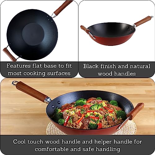 IMUSA USA Light Cast Iron Wok with Wood Handles 14-Inch N953