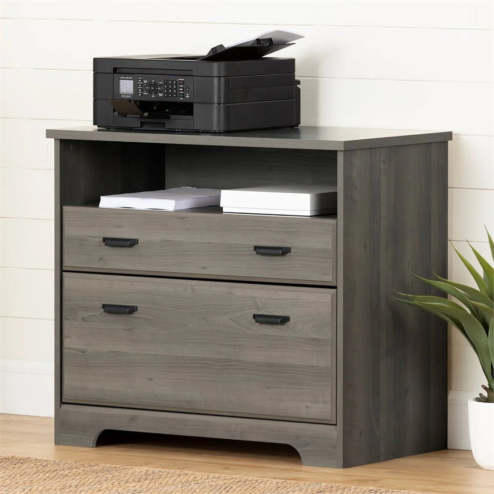 South Shore Versa Desk with Hutch and File Cabinet, Gray Maple Y3468