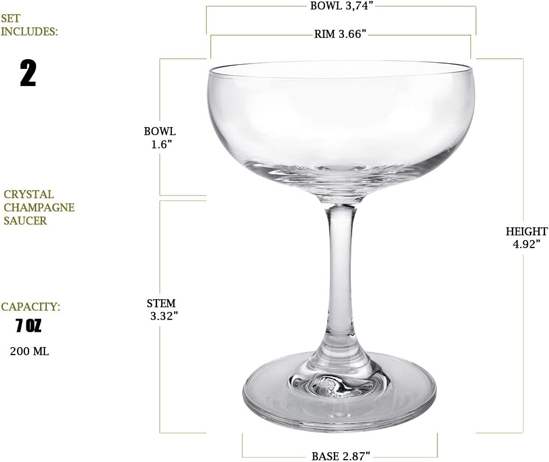 Champagne Coupe Glass Set of 2, Crystal Saucer, 7 oz U906