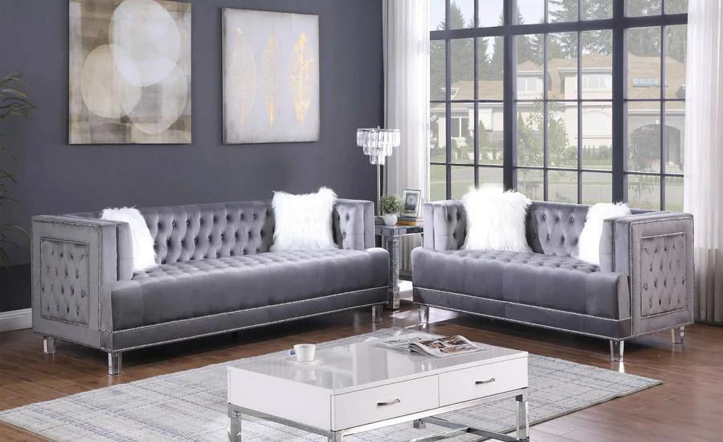 McFerran SF2009 Gray Velvet Fabric Sofa & Loveseat Set 2Pcs A55059