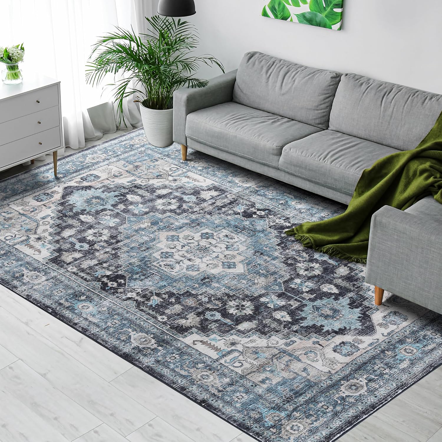 Vintage Blue 8x10 Non Slip Washable Area Rug for Living Room C5928