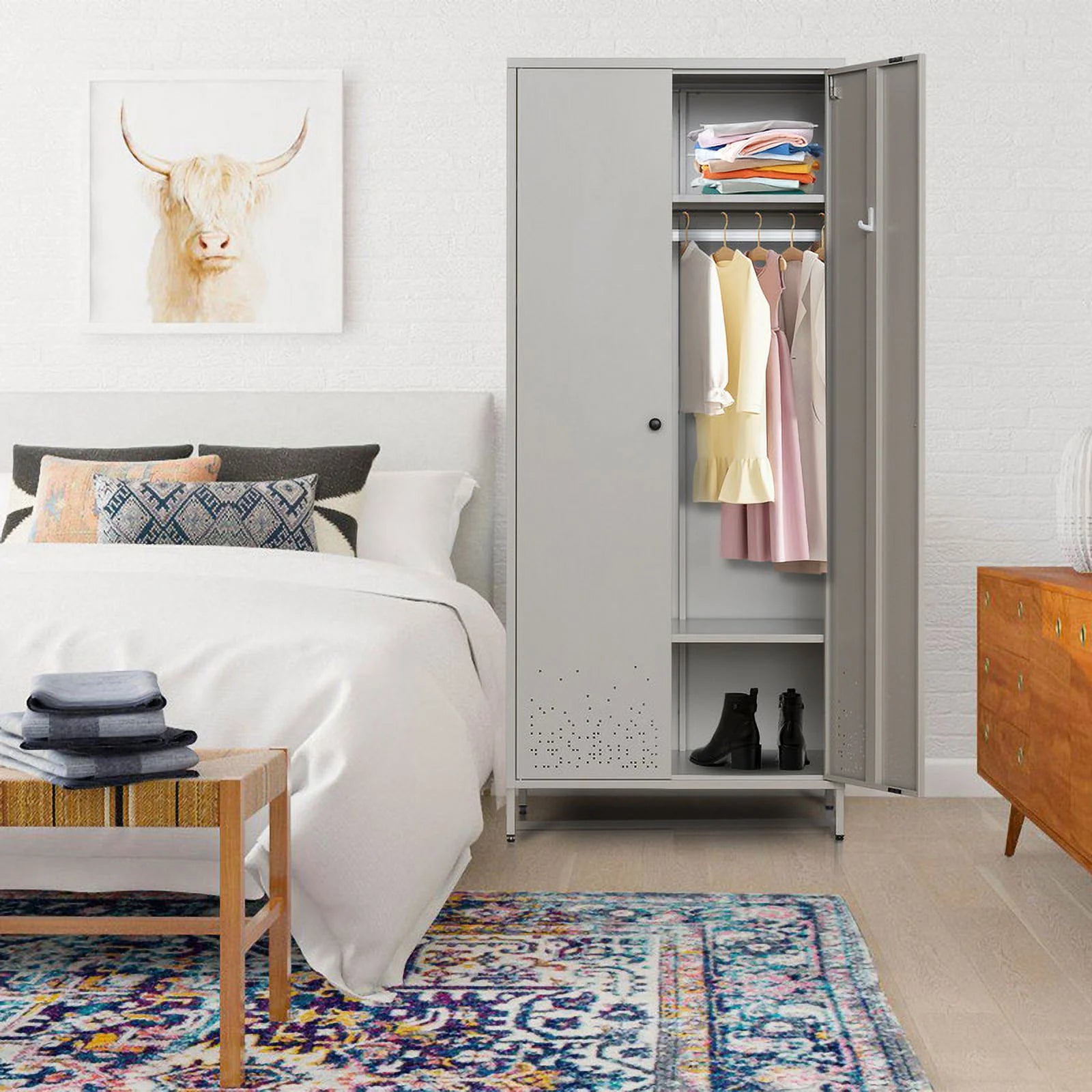 CJF Metal Storage Wardrobe Cabinet with Adjustable Hanging Rod, Gray A13905
