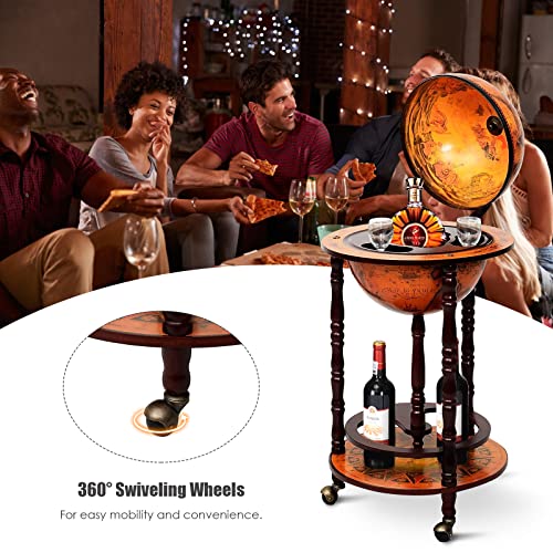 Byroce Globe Bar Cart Wood Wine Cabinet with Wheels Cream White Q393