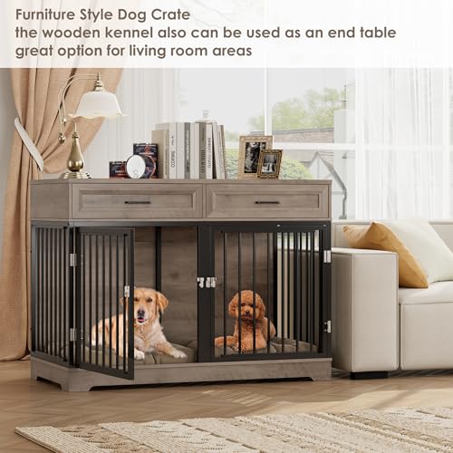 Wooden Dog Crate Furniture 47" with Removable Divider, Double Doors, White I17819