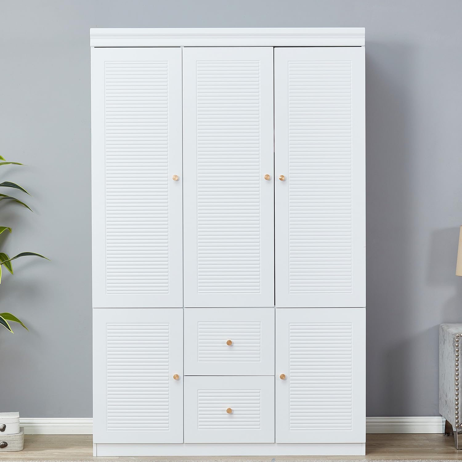 3 Door Armoire Wardrobe Closet, Wooden 2 Drawers White Closet Cabinet for Large Capacity with Hanging Rod and 5 Storage for Tall Cabinet Closet 47.3" L x 20.3" W x 74.2" H